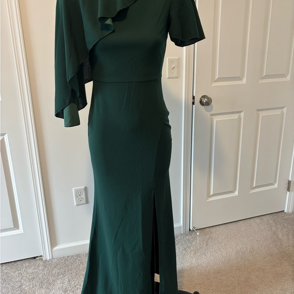 Green Asymmetrical Gown with Flutter Sleeves and Slit